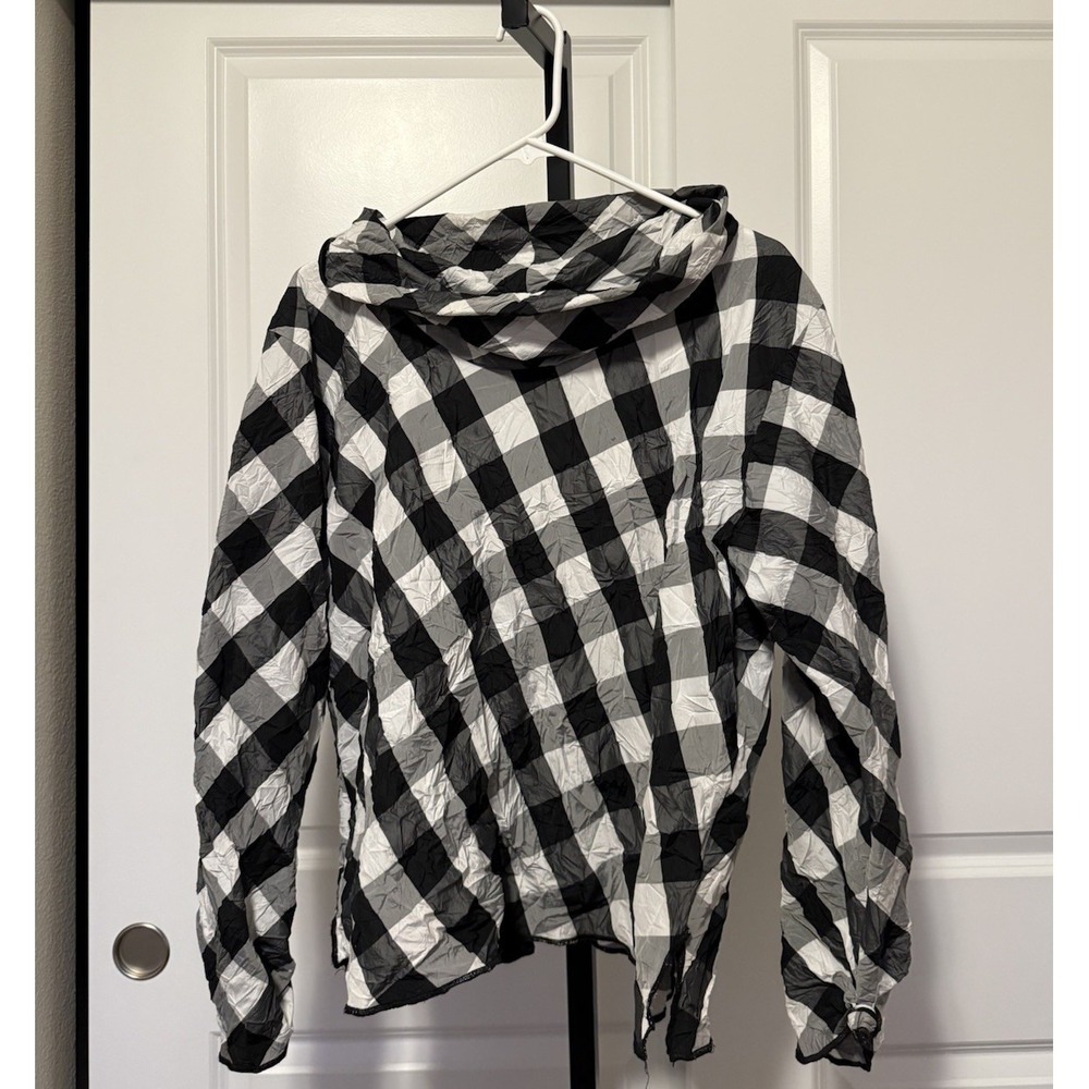 Heydari Woman Crinkle Top Cropped Boxy Cowl Neck Black White Check S Lagenlook